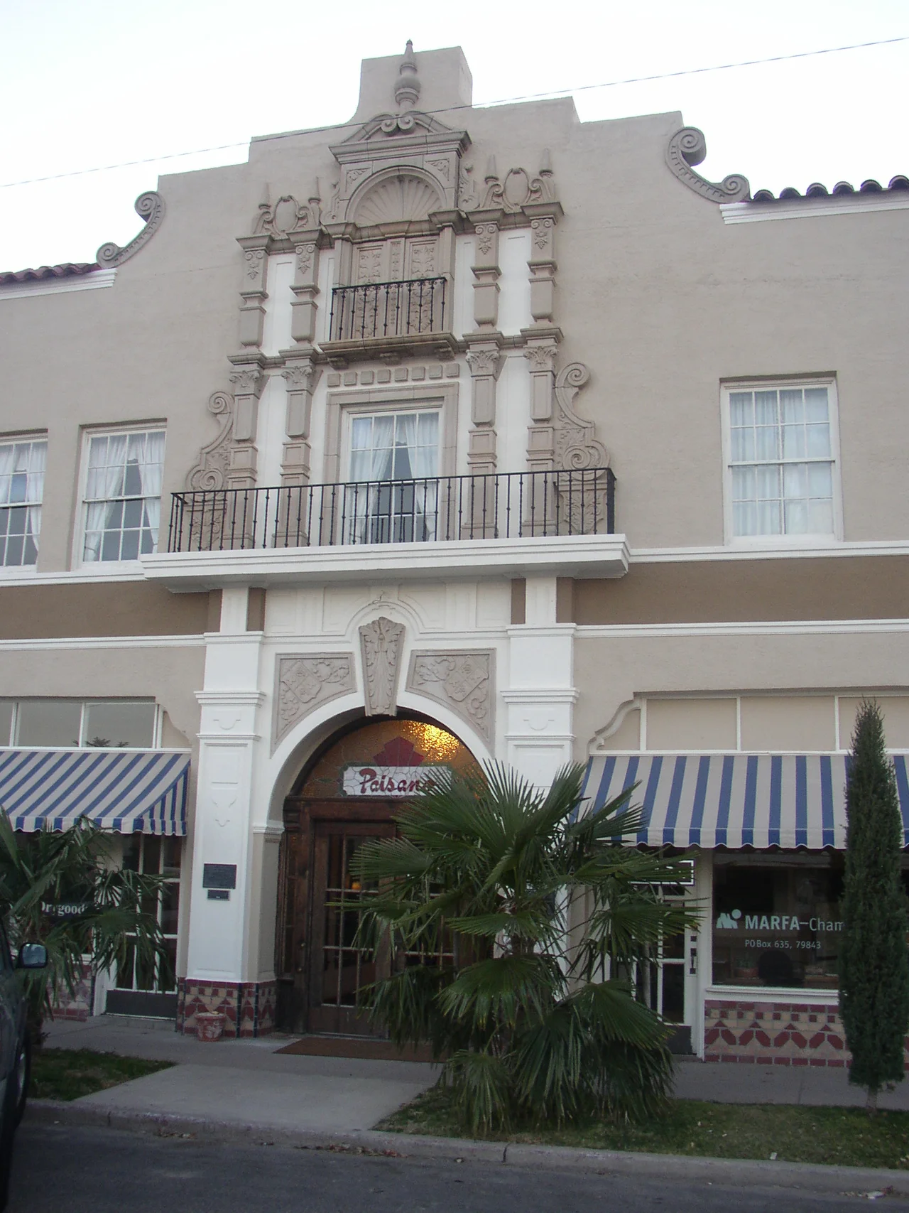 El Paisano Hotel — at North Highland and West Texas Streets, in Marfa, Presidio County, Texas.
The 1930 building was designed by the architectural firm of Trost & Trost.
