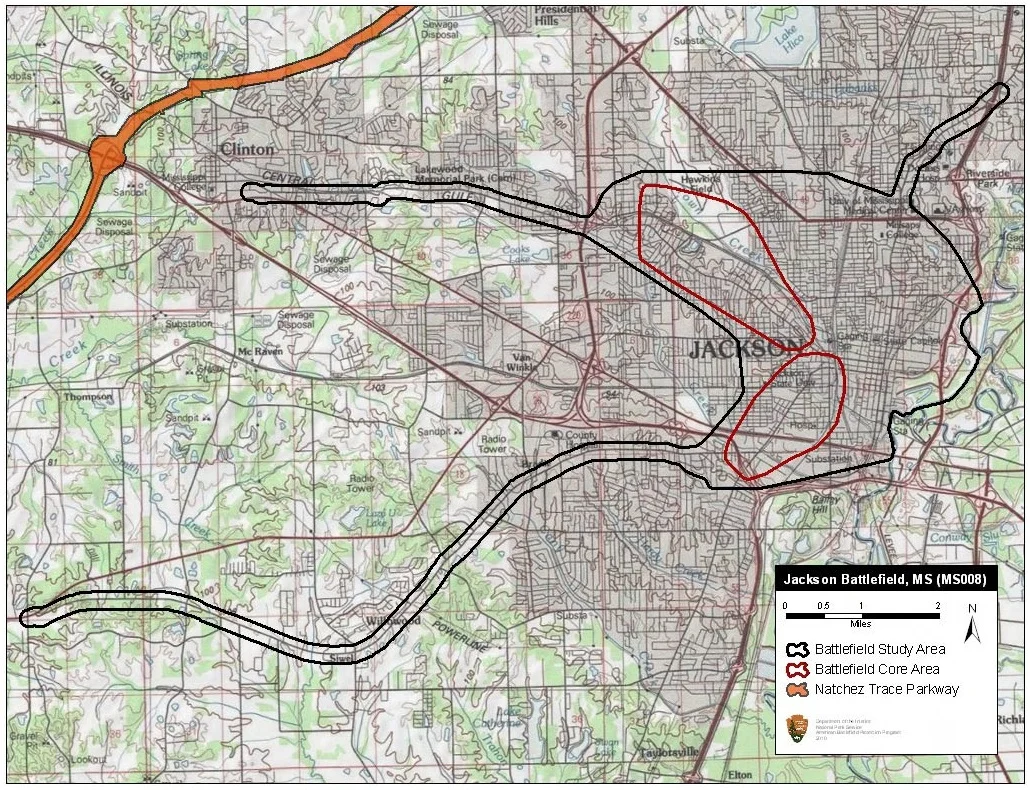 Map of battlefield study and core areas.
Revisions to the Study Area include the addition of the Federal approach routes (Sherman’s and McPherson’s Corps) marching from Clinton and Mississippi Springs on the morning of battle. The Confederate retreat route along the Old Canton Road was also added.
Because there was little to no fighting within the city itself, the Core Area was reduced to more accurately represent the specific locations of fighting to the northwest and southwest of Jackson.