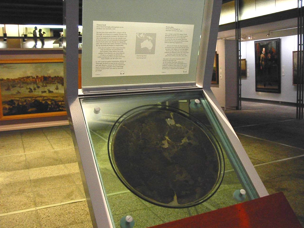 photo by Adam Carr - en:Hartog Plate or Dirk Hartog's Plate is either of two plates, although primarily the first, which were left on Dirk Hartog Island during a period of European exploration of the western coast of Australia prior to European settlement there. The first plate, left by Dutch explorer Dirk Hartog is the oldest-known artifact of European exploration in Australia still existent and is therefore evidence of the first confirmed visit by Europeans.