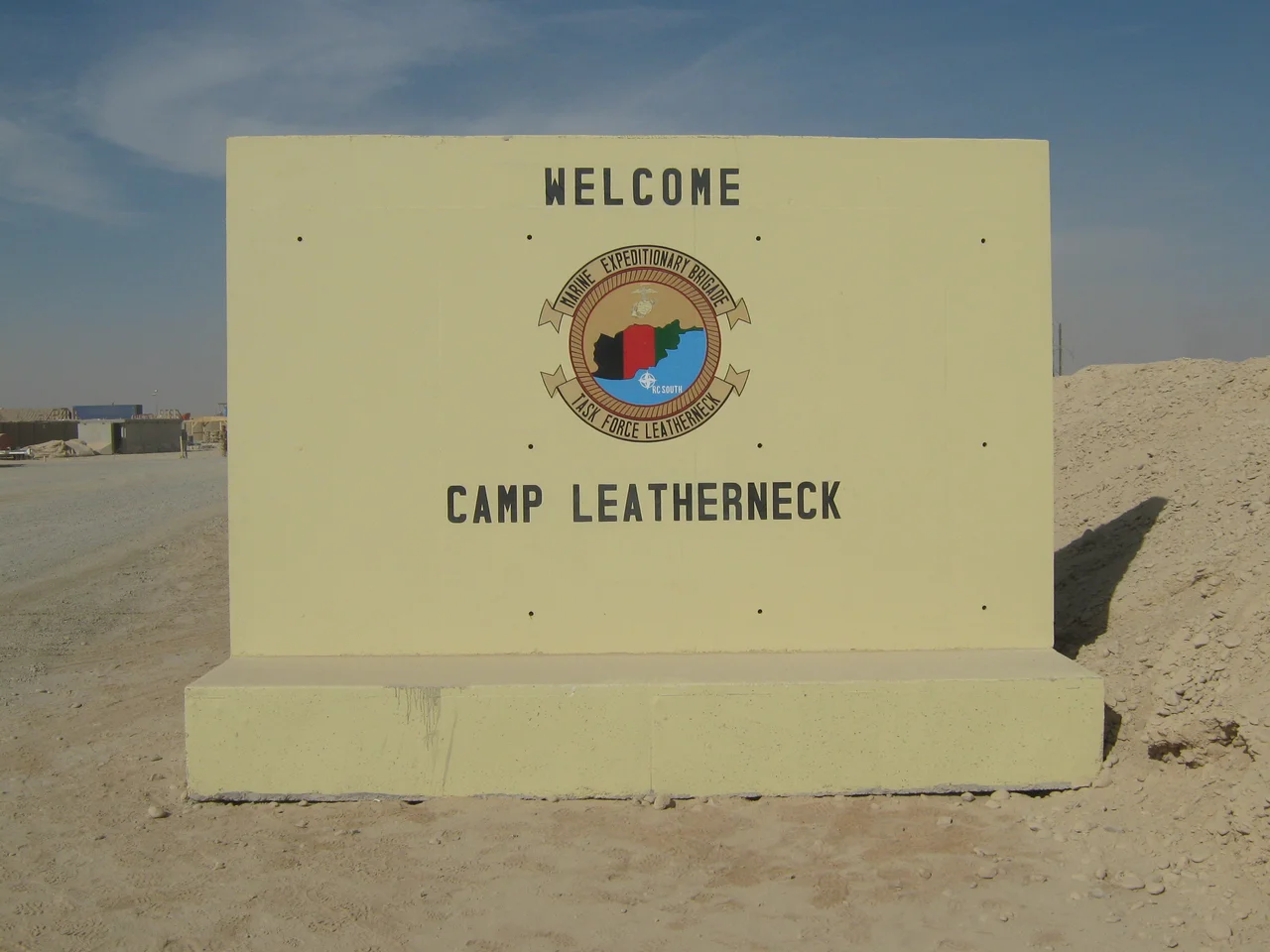 Sign at entrance to Camp Leatherneck, Afghanistan on the approach from Camp Bastion. This is the original sign at Camp Leatherneck.