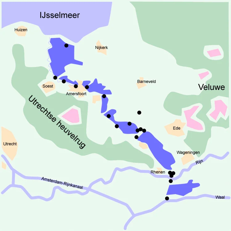 "Grebbelinie" (military defensive line) in the Netherlands. The line was used during the German invasion in may 1940 WWII although the inundation areas could not be flooded because the pumping station wasn't finished yet.
Disclaimer: The exact location of the forts and inundation areas may differ from reality to a slight extent.
Made by Niels Bosboom.